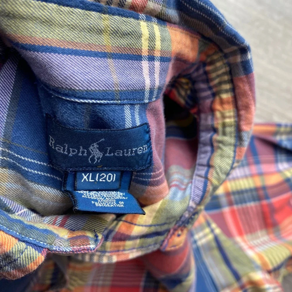 Ralph Lauren Plaid Button Down Shirt Boys XL 20 Cotton Madras Long Sleeve